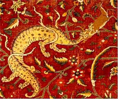 Dragon Detail - from the rug. Please note the similarities in the fangs, the center spiked ridge, the ribbed back, and the feathery streamers in this detail and the one directly below.