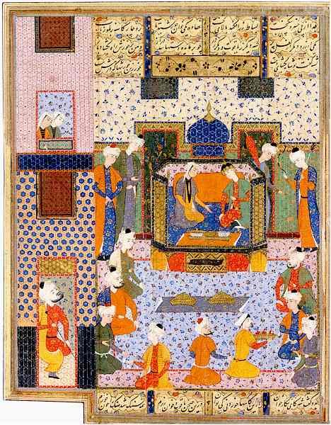 Persian Miniature Painting: Iskandar and Nushabeh. Persian Painting Shiraz Circa 1560 Iskandar entertained by Nushabeh in a sumptuous palace apartment. Persia, Shiraz, mid Sixteenth century Illustrated leaf from a manuscript of Nizami's Khamsa (Iskandarnama), gouache with gold on paper, four lines of Nasta'liq text above and one below, reverse with 20 lines of Nasta'liq text in four columns with inter-columnar decoration in colors and gold, heading in white on an illuminated rectangular panel, margins ruled in colors and gold, repairs to margins, miniature 220 by 173mm leaf 340 by 230mm. 1.