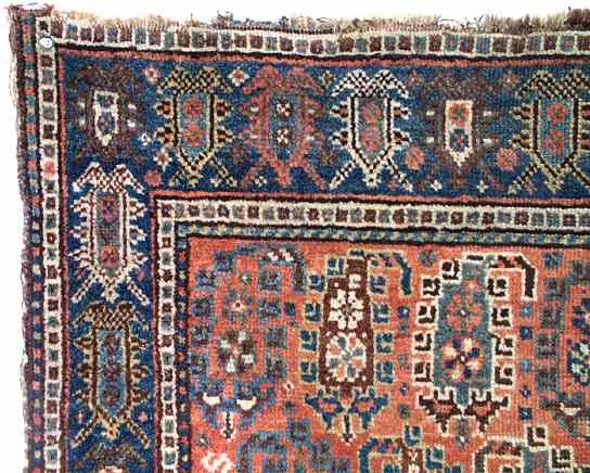 Persian Rugs: Ghoochan Rug There are people like John Wertime, Ambassador Bill Eagleton, and Parviz Tanavoli, who can identify rugs because they were over there and learned it in the field. Then there are guys who grew up in rug businesses like James Mark Keshishian A.S.A. or Mark Topalian. Then there are the connoisseurs like Wendel Swan who have painstakingly mastered it as an art. But really most dealers and many experts are not that good at attributing rugs. I don't get the Qashqai attribution at all. Outside of that it is Persian, tribal, and symmetrically knotted nothing about this one says Qashqai to me. Once I discarded Qashqai my next thought was Kurdish and I was thinking Northwest Persia. Then I got looking at the border and the red field. They say North Khorasan Kurd to me. 